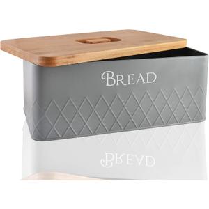 Baking & Beyond Space-Saving Bread Box with Bamboo Cutting Board Lid,13"x7.5"x5" for Kitchen Countertop, Bread Storage Container Holder, Bread Keeper Bin - Fresh Loaves (Grey)