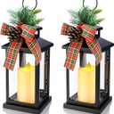 2 Pcs 14 Inch Christmas Lanterns Decorative Outdoor for Porch with LED Candle Pine Cones Holly Berry Metal Hanging Vintage Lantern with Plaid Ribbon Bow for Indoor Home Table Deco(Berry)