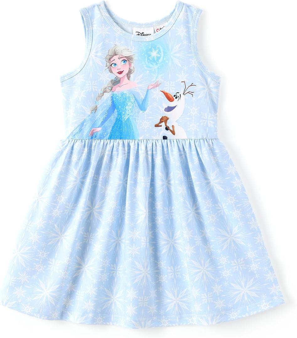 Disney Frozen Toddler Girl Dress Elsa Olaf Character Print Casual Sundress Sleeveless Summer Outfit School Holiday Clothes Blue 5-6 Years
