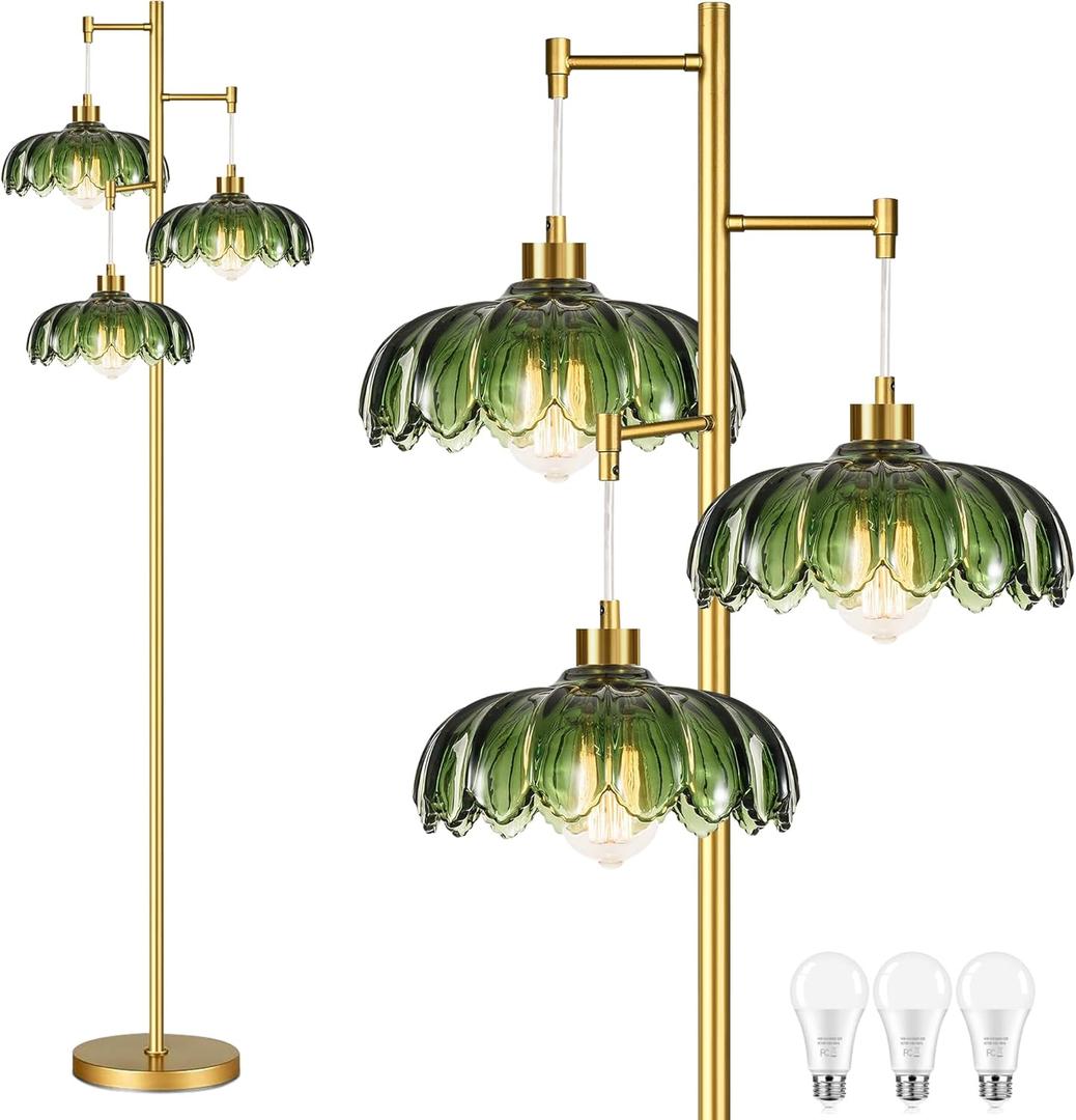 QIYIZM Glass Floor Lamp for Living Room,Bedroom,Mid Century Modern Standing Lamp Brass Tree 3 Light Tall Floor Lamps Vintage Retro Floor Lights Gold Green Flower Lamp Shade Farmhouse Boho Bohemian