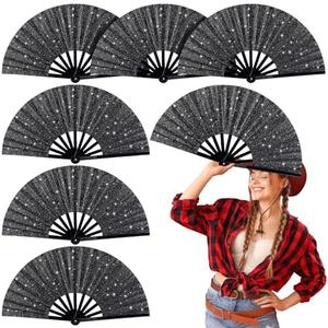 Thyle 6 Pcs Large Folding Fan for Line Dancing Bulk Boots on The Ground Hand Fan Black Popping Clapping Party Favors Decoration Gift for Edm Festival Club Summer(Classical)