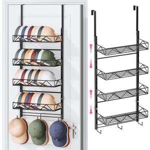 SWTYMIKI Over Door Hat Organizer - 5 Tier Wall Mounted Hat Rack with 4 Adjustable Metal Basket and 3 Hooks, Hanging Baseball Cap Organizer Storage Holds up to 49 Caps for Door, Bedroom, Closet
