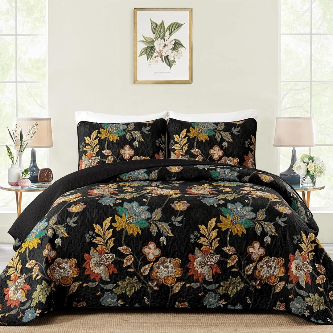 WONGS BEDDING Quilt Set Queen Size, Black Botanical Queen Bedspread Bedding Sets, 3 Pieces Floral Quilt with 2 Pillowcases,Soft Lightweight Microfiber Coverlet Set for All Season(96"X90")