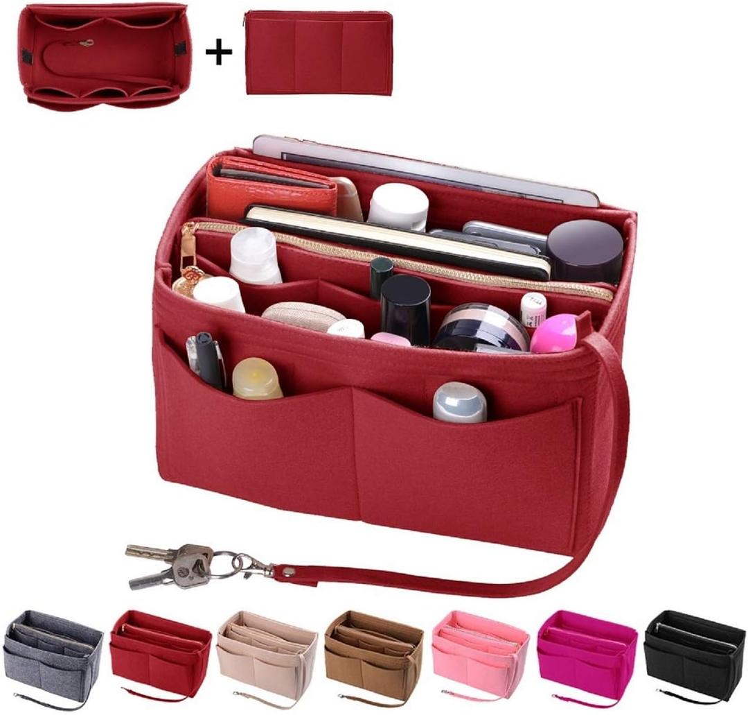 ZTUJO Purse Organizer Insert, Felt Bag Organizer with Metal Zipper, Handbag & Tote Shaper, For Speedy Neverfull Tote, 7 Sizes (Small, Red)