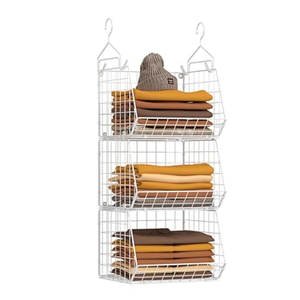 Larger & Deeper Hanging Storage Basket, Closet Organizers and Storage, Hanging Shelves Wire Baskets for Clothing Sweaters Purse Handbags Shoes White 3 Tier