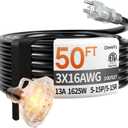 50 ft 16/3 awg 3 Outlet Extension Cord Splitter with Indicator, Waterproof Outdoor Extension Cord with Multiple Outlets, 13A 1625W for Home & Workshop, ETL Listed, Black SJTW