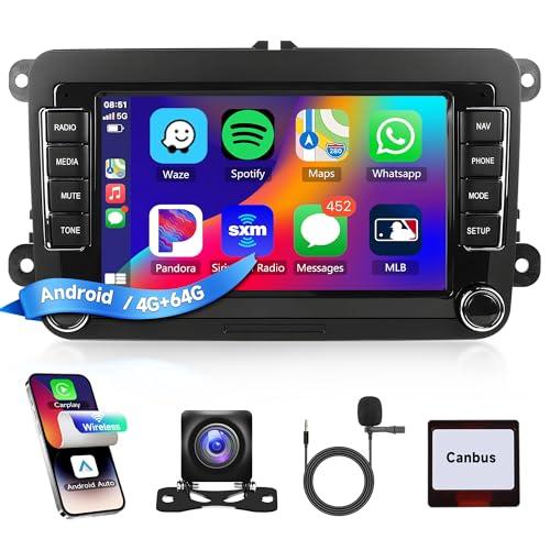 4+64G Android Car Stereo for VW Passat Golf MK5 MK6 Jetta T5 EOS POLO Touran Seat Sharan Wireless Carplay Android Auto, 7'' Touchscreen Head Unit with GPS Bluetooth Mirror Link WIFI FM DSP Rear Camera