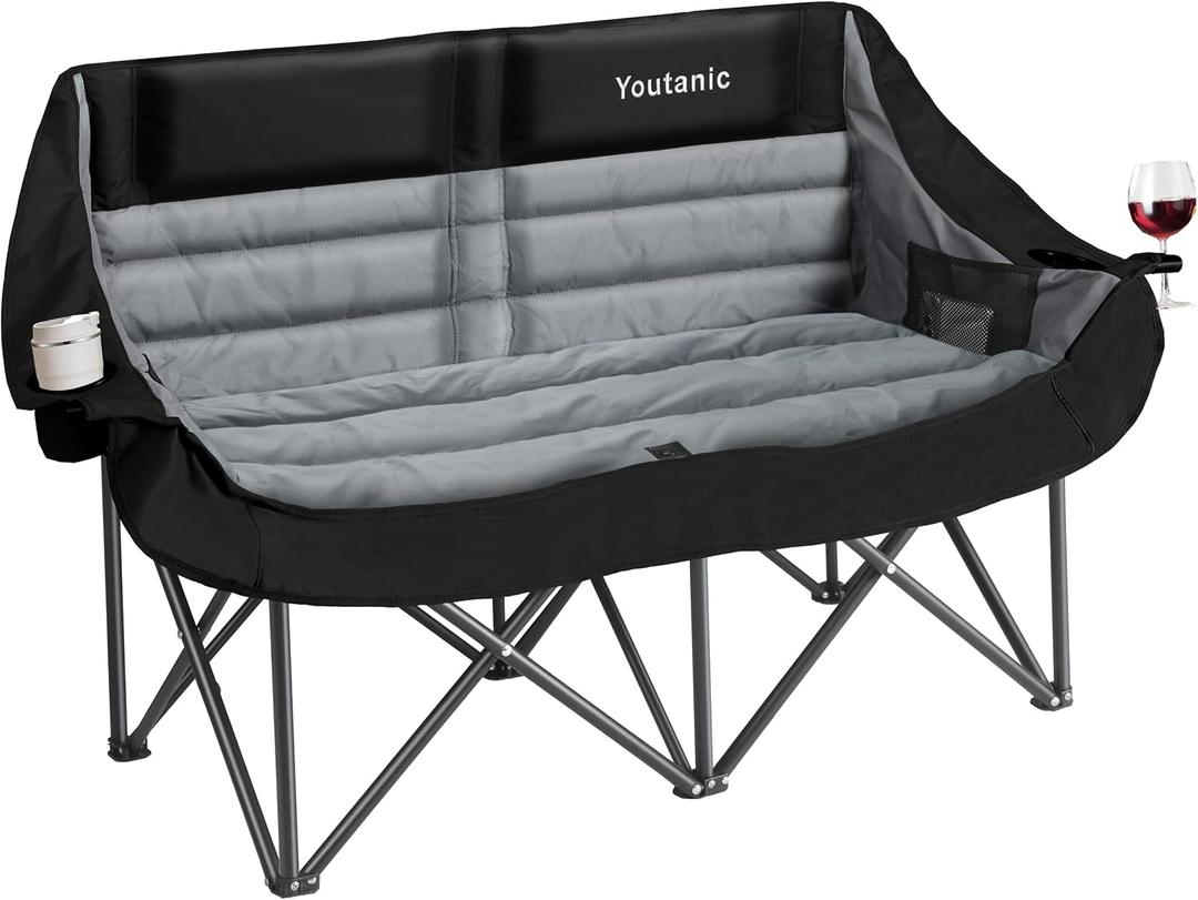 Oversized Double Camping Chair, Folding Loveseat Camping Couch with Pocket, Cup Holder and Carry Bag, Heavy Duty Portable Camping Chairs for Adults, Fishing, Sports, Trip, up to 660lbs, Black