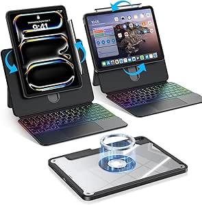 BLOSOMEET Magnetic iPad Pro 11 Inch (M5 2025 / M4 2024) Case with Keyboard, Clear Splitfolio Detachable Cover, Up-Down Liftable, Adjustable Stand, 7-Color Backlit, Multi-Touch Trackpad, Black