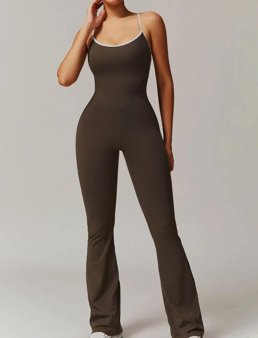 OQQ Women Jumpsuits Sleeveless Square Neck Stretch Contrast Workout Active Flared Bottoms Tank Jumpsuit Darkbrown