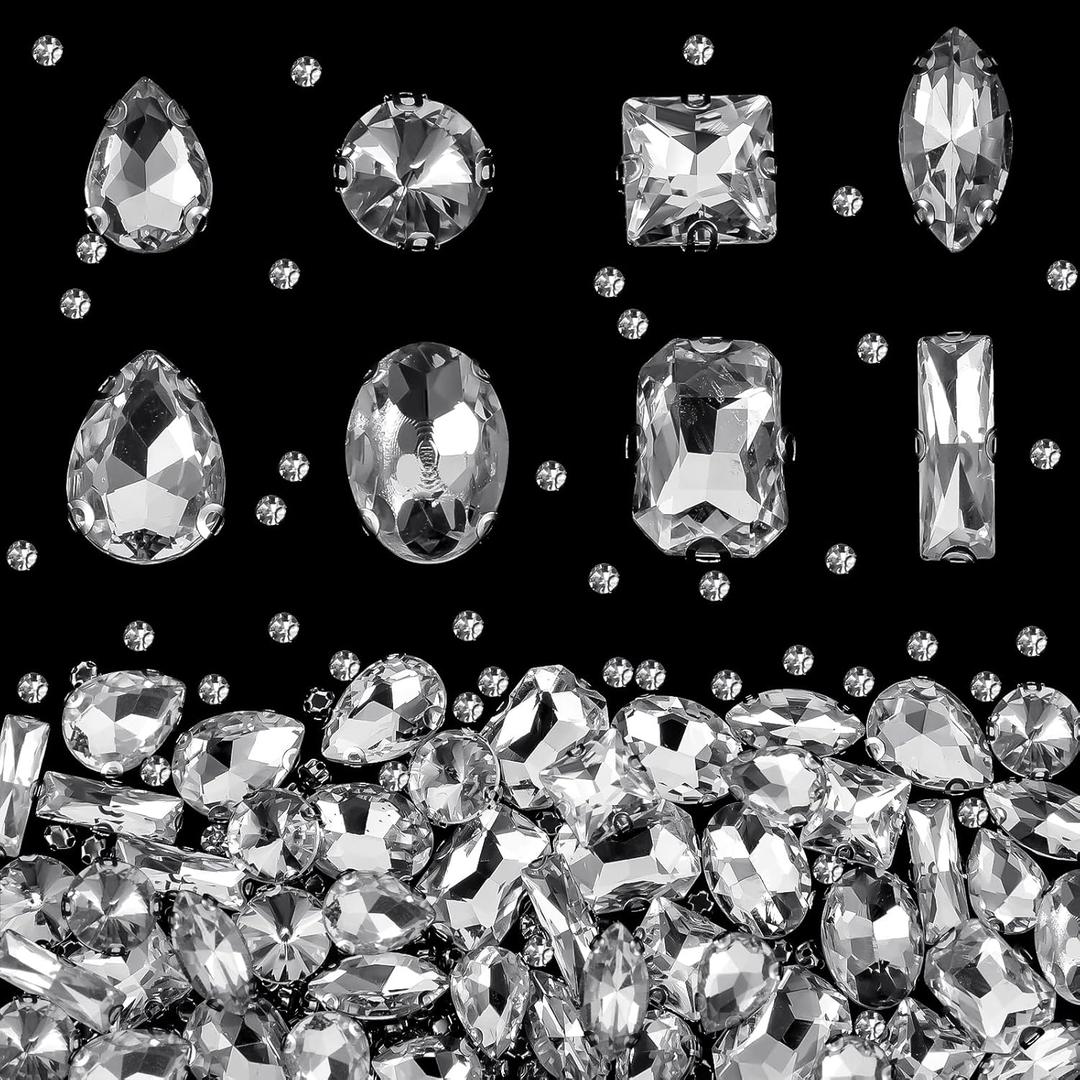 Dilunave 240 Pieces Large Sew on Rhinestones Clear Glass Crystal Gems Diamond Stone Metal Back Prong Setting Crafts Mix Shapes Claw for Jewelry, Clothes, Shoes, Costume (Clear White)