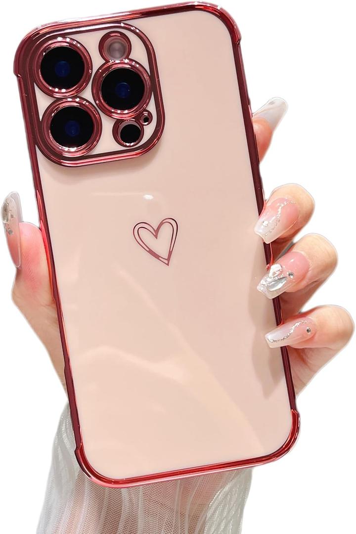 ZTOFERA Designed for iPhone 16 Pro Max Case 6.9 inch,Cute Plating Edge Love Hearts Pattern with Camera Lens Protection Phone Cover for Girls Women,Pink