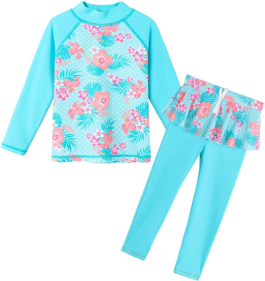 TFJH E Girls Long Sleeve Swimsuits Skirt 2-Pieces Rash Guard Set Sun Protection UV 50+, 3-4T