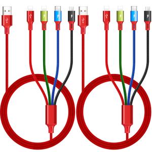 Multi Charging Cable 3.5A, [2Pack 6Ft] 4 in 1 Multiple Charging Cord Braided Multi USB Cable Adapter with Lightning/Type C/Micro Ports for Cell Phones/iPhone Series/Samsung Galaxy/PS/Tablets & More (Red)