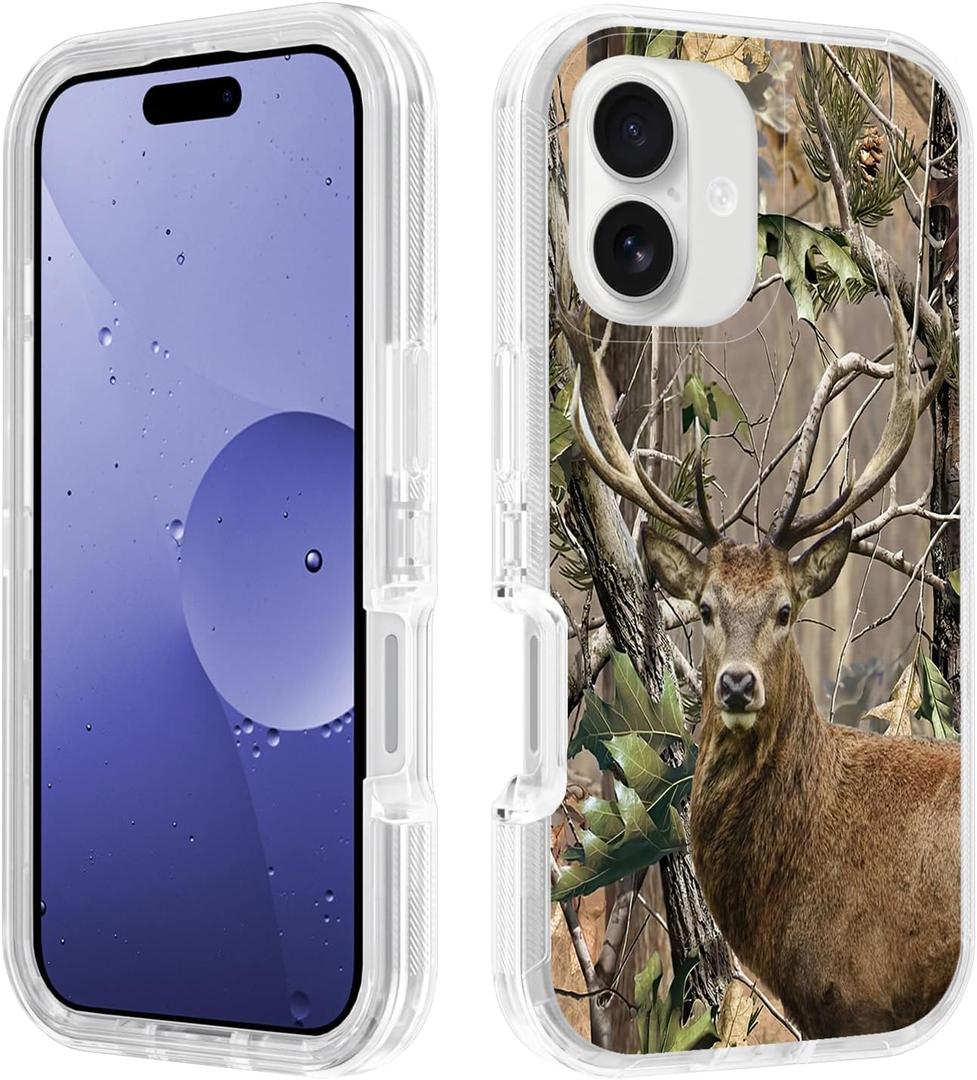Designed for iPhone 17 Case, Heavy Duty 3 in 1 Hybrid Hard PC & Soft Silicone Shockproof Drop Transparent Protection Case for iPhone 17 2025 6.3", Jungle Camo Deer
