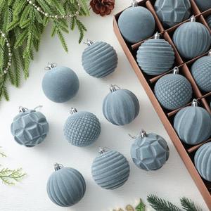 Menkxi 24 Pcs Dusty Blue Velvet Christmas Balls Ornaments 2.76 Inch Flocked Christmas Tree Decorations Plastic Blue Xmas Hanging Ornaments for Holiday Party Decorations