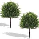 24" Artificial Plants Topiary Cedar Tree Outdoor, Set of 2 Faux Plants Outdoor UV Resistant Fake Shrubs for Front Porch Garden Decor with Ground Spike