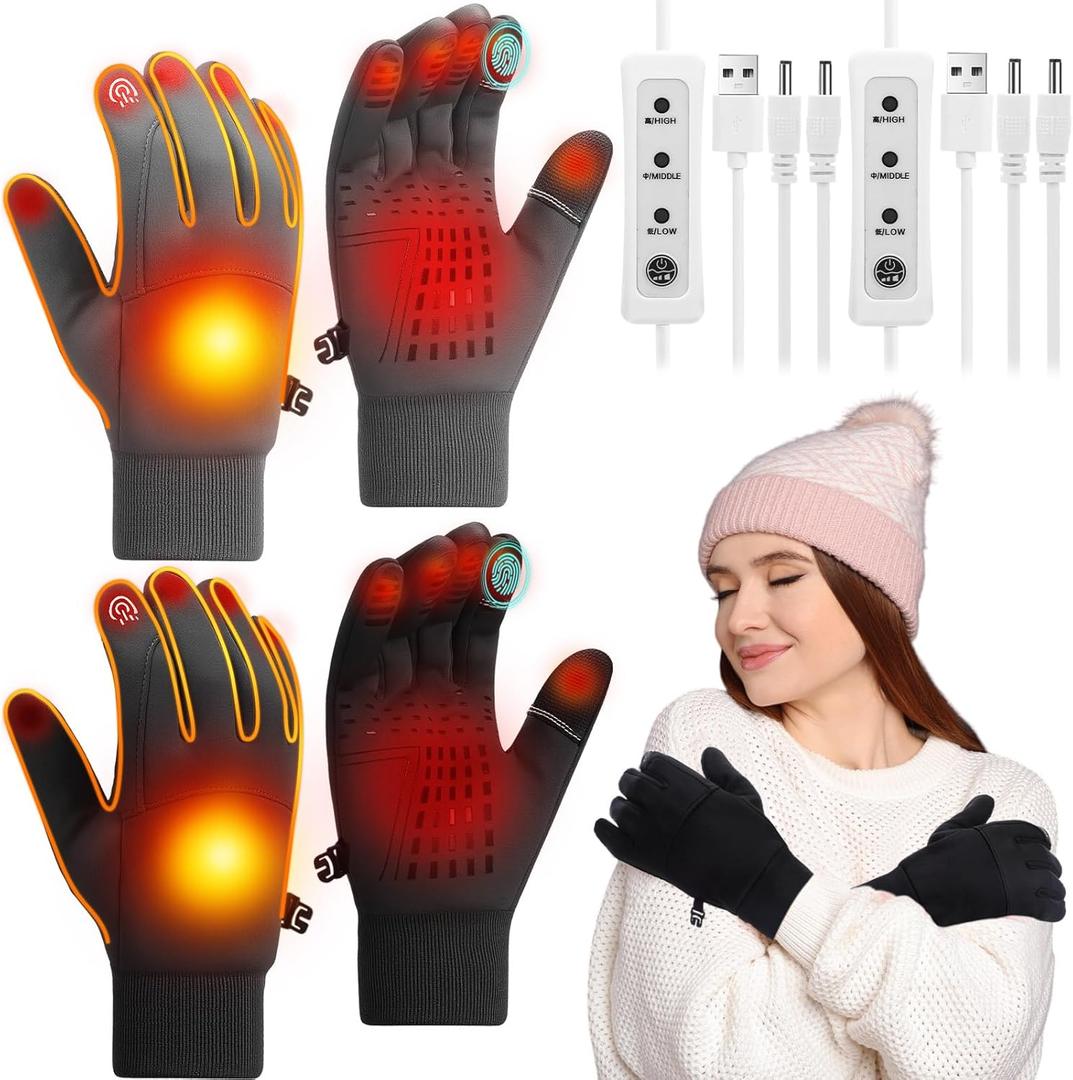 Skicuff 2 Pairs Heated Gloves USB Electric Touchscreen Heated Glove Liners Unisex Washable Winter Hand Protectors with 3 Temperature Adjustment for Indoor Home (Long, Black Grey)