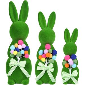 BrilliantJo Spring Decoration Figurines Decor Gift for Women Cute Moss Bunny Large Rabbit Kit Holding Balloons Set of 3(15", 13", 10") Green Desk Mother's Day Holiday Birthday for Home Office Garden