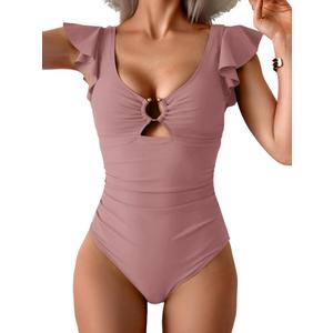 Eomenie Womens Ruffled One Piece Swimsuit Slimming Tummy Control Bathing Suit V-Neck Cutout Swimwear for Resort Wear Bare Pink M 