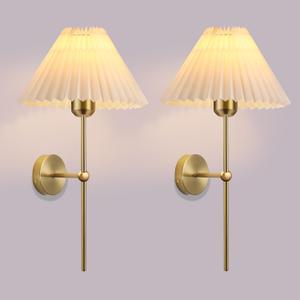 Dolymoly Gold Wall Sconces Sets of 2, Indoor Wall Light Fixtures with Fabric Lampshade, Pleated Fabric Wall Lamp Dresser Hardwired Lamp Wall Lighting Fixture for Bedroom Living Room Porch Dining Room