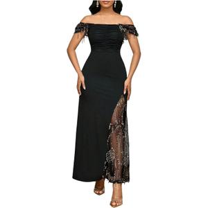 Verdusa Women's Sequin Mesh Wedding Guest Dress Ruched Long Dresses Elegant Concert Outfits Black Large (L)