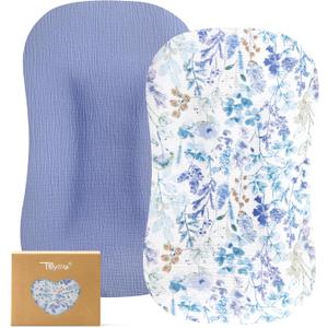 TILLYOU Muslin Baby Lounger Cover, 100% Cotton Newborn Lounger Cover, 2 Pack Baby Nest Slipcover for Boys Girls, Cover Only, Blue Flower