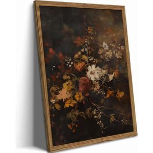 Framed Vintage Floral Wall Art，Gothic Moody Dark Flower Art Prints Painting，Victorian Canvas Fall Otanical Pictures Decor for Living Room Bedroom Diningroom 16x24 inch