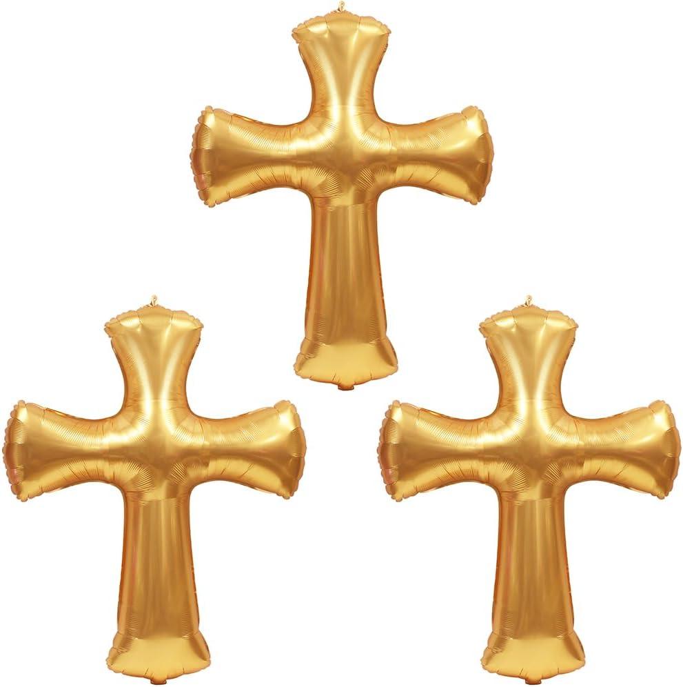 Jumbo Gold 43 Inch Cross Shape Religious Foil Balloon, 3 Pack Bless First Holy Communion Christening Baptism Balloons For Baby Shower Easter Wedding Christmas Memorial Party Decoration Supplies, Large