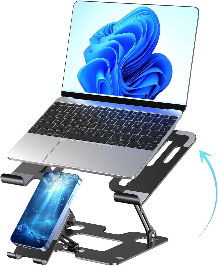 Ergonomic 2-in-1 Laptop Phone Stand for Desk, Adjustable Riser, Sturdy and Portable, Fits All Laptops and Phone (Black)