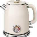 Mecity Retro Electric Kettle 1.7L, Stainless Steel Interior, Food-Grade Silicone Water Contact, Double Wall Cool Touch, 1500W Fast Boil, Thermometer (F/C), Wide Opening, Cream