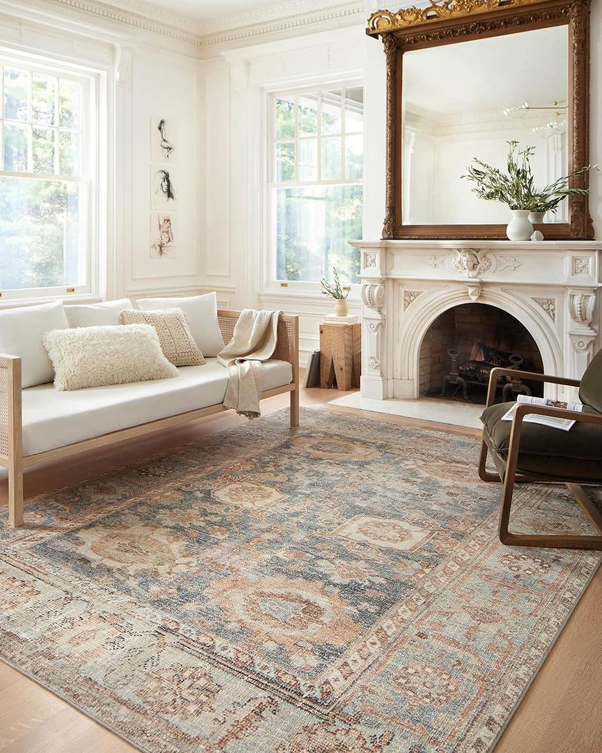 Loloi Margot Collection MAT-03 Ocean/Spice 2'-3" x 3'-9" Accent Rug, No-Shed Easy Clean Large Patterned Area Rug for Living Room, Bedroom, Dining Area