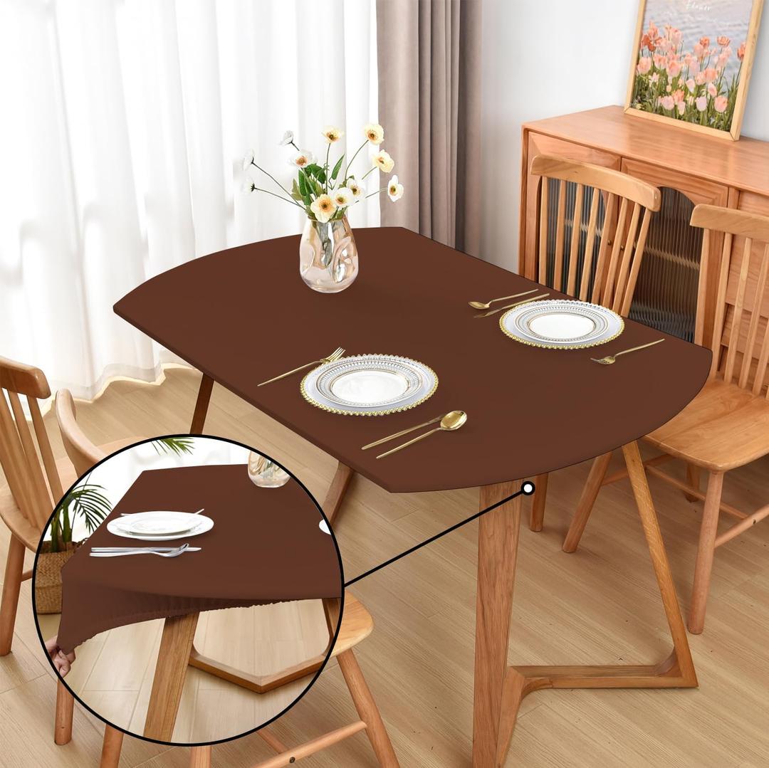 Oval Brown Fitted Tablecloth with Elastic 42x60 inch for Oval Tables Washable Stretchy Spandex Fabric Table Cover Cloth Not Vinyl Table Protector