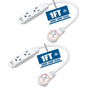 DEWENWILS 1FT 360 Rotating Flat Plug Extension Cord, 3 Prong Thin Power Strip, 16/3C 13A/125V/1625W, Rotating Plug for Indoor Narrow Space, SJT-3, ETL Listed, White, 2 Pack