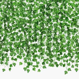 CQURE 140 Pack 980Ft Artificial Ivy Garland,Ivy Garland Fake Vines UV Resistant Green Leaves Fake Plants Hanging Vines for Home Kitchen Wedding Party Garden Wall Room Decor