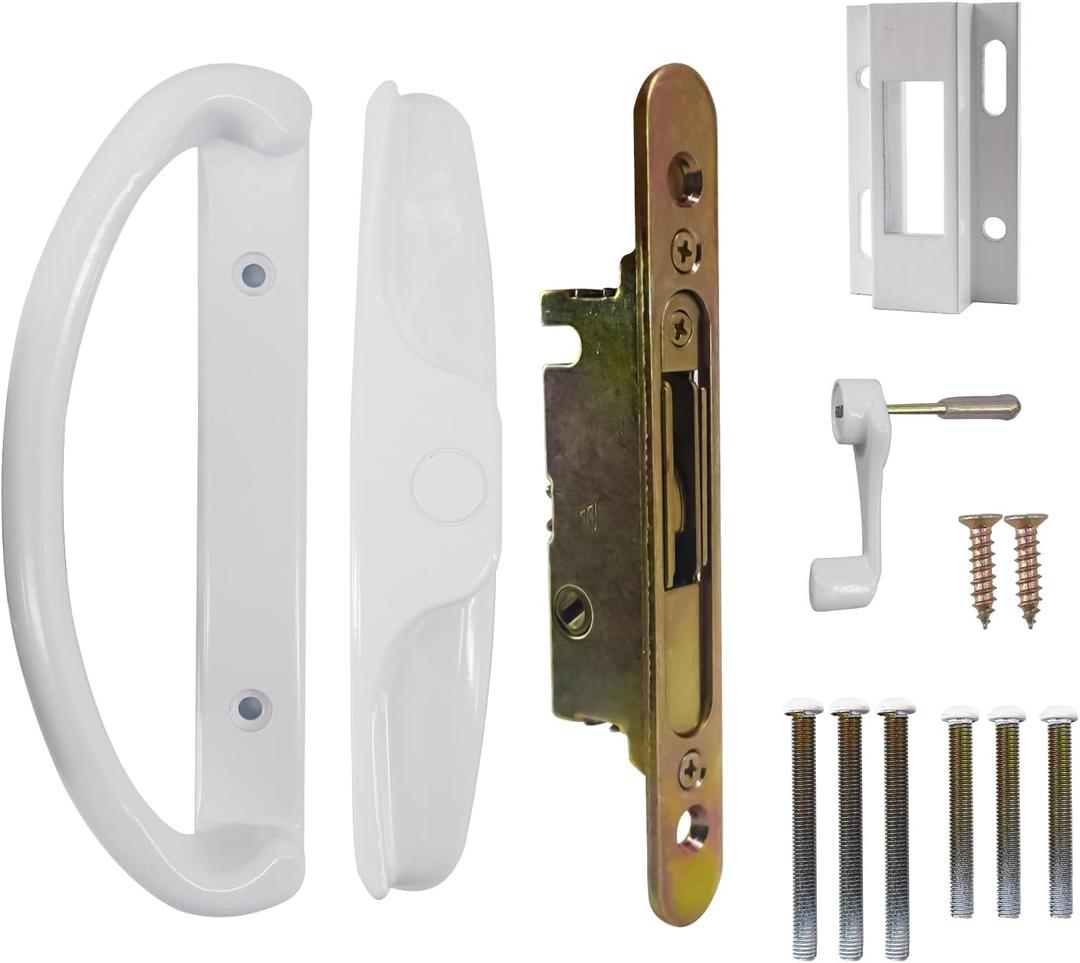 Sliding Patio Door Handle Set Zinc Diecast with Mortise Lock & Keeper, No Key Replacement Sliding Door Handle for Patio Door Fits 1-1/2" to 1-3/4", 3-15/16" Screw Hole Spacing, White