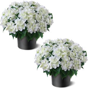 Artificial Hydrangea Flower Topiary Trees - 2 Sets Faux Silk Flower Potted Plant, UV Resistant Fake Outdoor Hydrangea Bush for Front Door, Farmhouse,Garden, Porch Decor (White)
