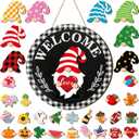 Qunclay Interchangeable Wooden Gnome Decor Holiday Seasonal Gnome Decorations with Magnet Pieces and Detachable Hats Changeable Welcome Sign for Home (Stylish)