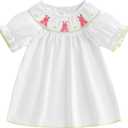 DSOKUHIB Toddler Baby Girl Easter Outfit Bunny Embroidery Smocked Dress Puff Short Sleeve Dresses Cute Infant Easter Clothes (White, 18-24 Months)