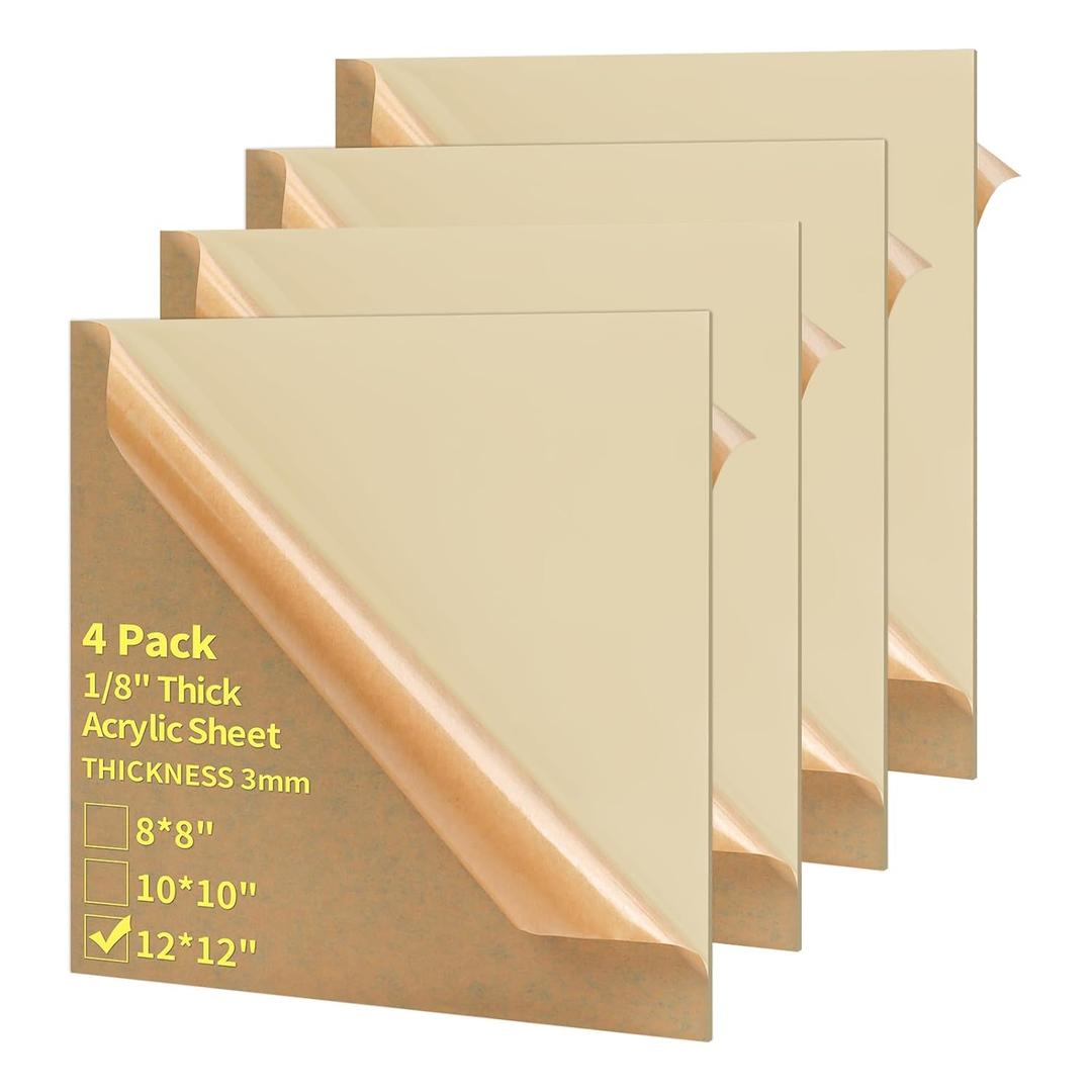 1/8 Thick 12 x 12 inch Acrylic Sheets - 4 Pack Plexiglass Sheets for Creative DIY Projects Laser Cutting Engraving UV Printed Signs Crafts Badges, Beige