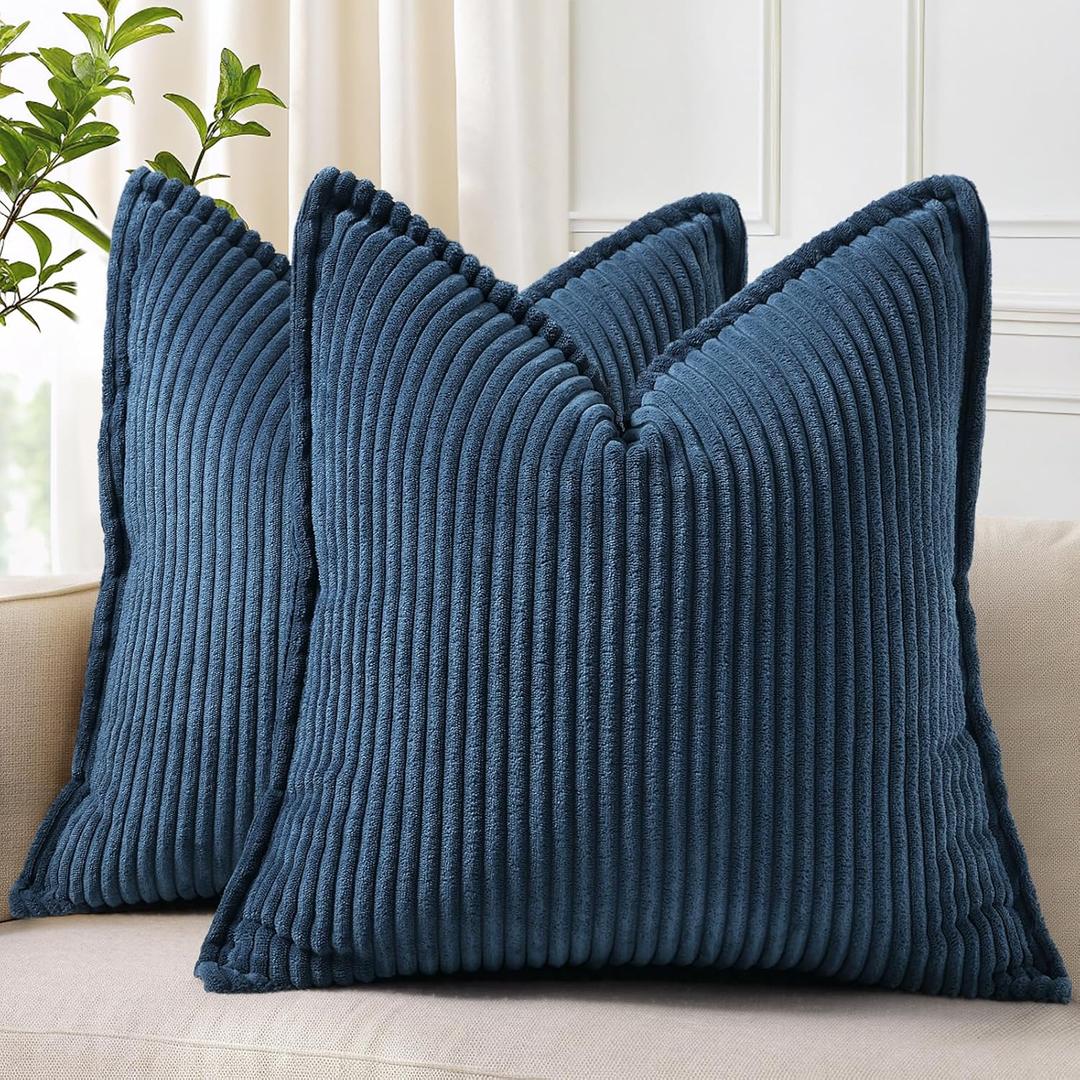 DecorUhome Spring Corduroy Navy Blue Throw Pillow Covers 16x16 Set of 2 Decorative Soft Boho Farmhouse Euro Couch Pillow Covers for Living Room Bed Sofa Broadside Striped Pillow Cases