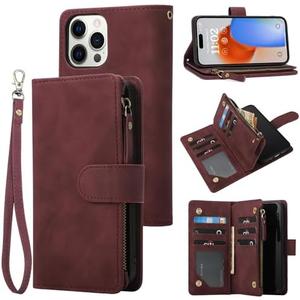 RANYOK Wallet Case for iPhone 15 (6.1 inch) with RFID Blocking Credit Card Holder, Premium PU Leather [Zipper Pocket] Flip Folio Case Wallet with Wrist Strap Kickstand Protective Case (Wine Red)