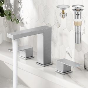KES Brushed Nickel Bathroom Faucet 3 Hole, 8-Inch Widespread Bathroom Sink Faucet with Metal Bathroom Sink Drain with Overflow, Vanity Faucet with cUPC Supply Line, L4350LFF12-BS-C1