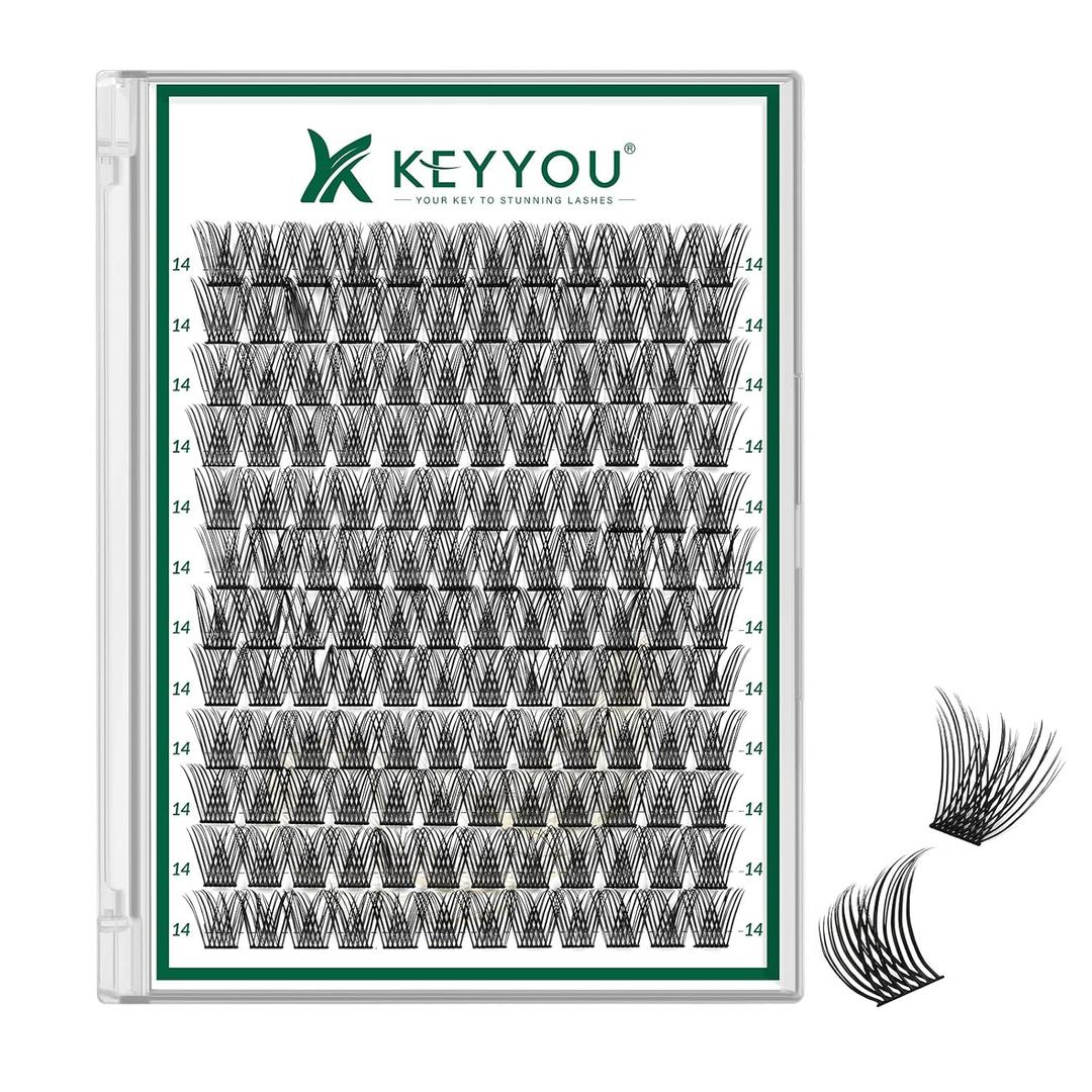 KEYYOU Lash Clusters 144pcs Individual D Curl 14mm Air Touch Cluster Lashes Super Lightweight Soft Wispy Comfortable Easy DIY at Home