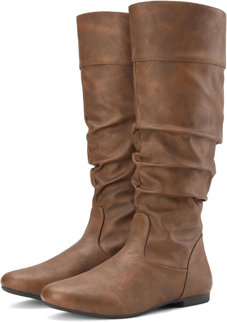 Rollda SUEDI Women's Slouchy Knee High Boots Pull On Flat Boots Side Zipper Fall Boots for Women (Size 9, Dark Brown Slouch)