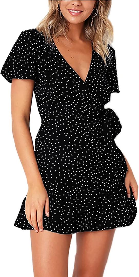 BI.TENCON Women's Summer Polka Dot Print Wrap Dresses Sexy V Neck Ruffle Short Sleeve Casual Short Dresses with Belt (X-Large, Black and White)