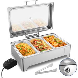 Electric Chafing Dish, 3 x 3QT Electric Food Warmer, Roll Top Stainless Steel Buffet Server with Glass Lids for Catering & Events