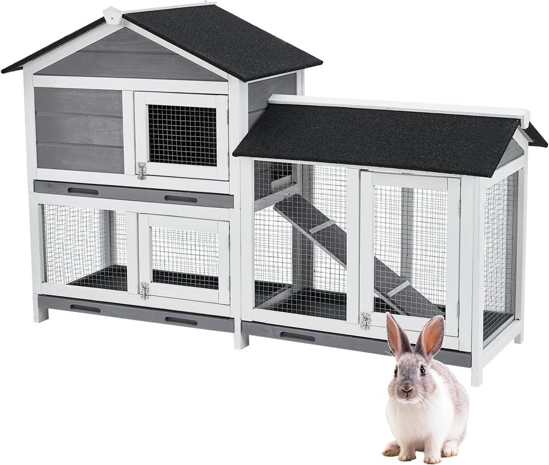 63'' Bunny Hutch Indoor Bunny Cage, with 3 Leak-Proof Removable Trays, Wooden Waterproof Roof Rabbit Hutch Indoor/Outdoor, 2-Tier Bunny House/Chicken Coop, Gray and Black