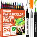 ARTISTRO 24 Watercolor Markers with Flexible Paint Brush Pens for Pros & Beginners - Consistent, Smooth, Bright, Washable, Non-Toxic, Ideal for Coloring, Calligraphy, & Manga