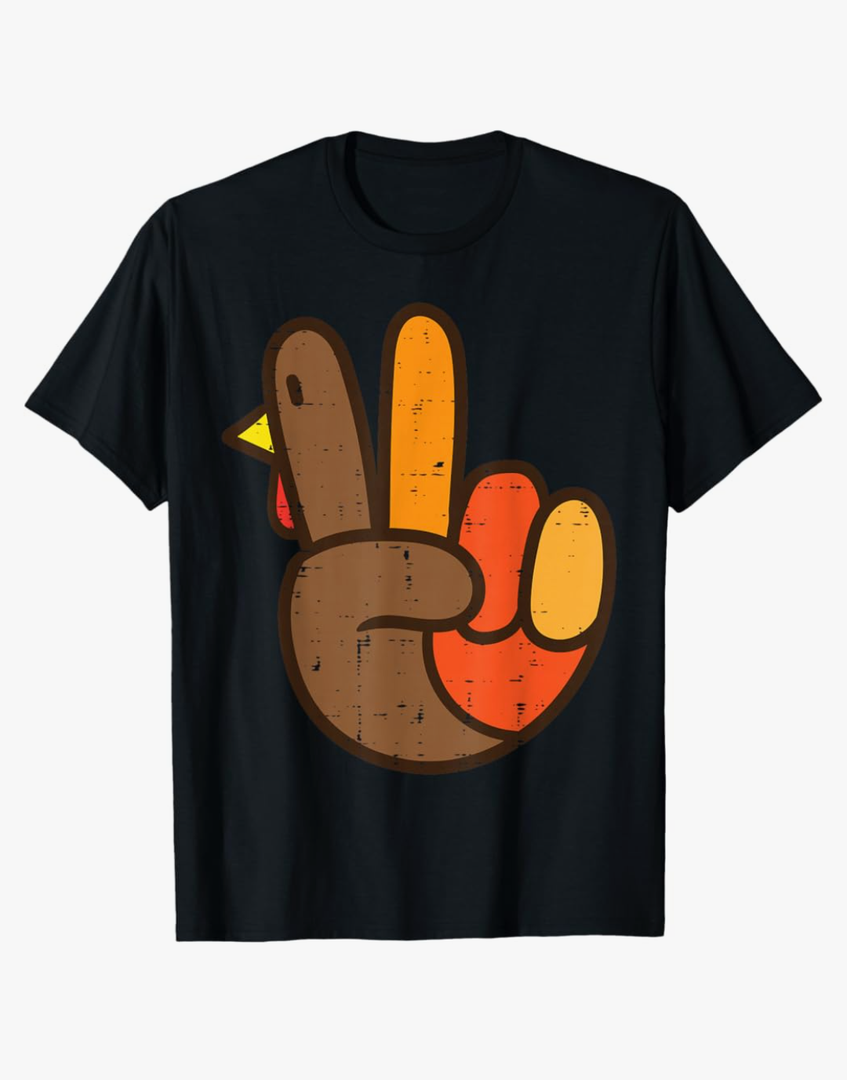 Peace Sign Turkey Hand Cool Thanksgiving Hippie Men Women T-Shirt, Size L